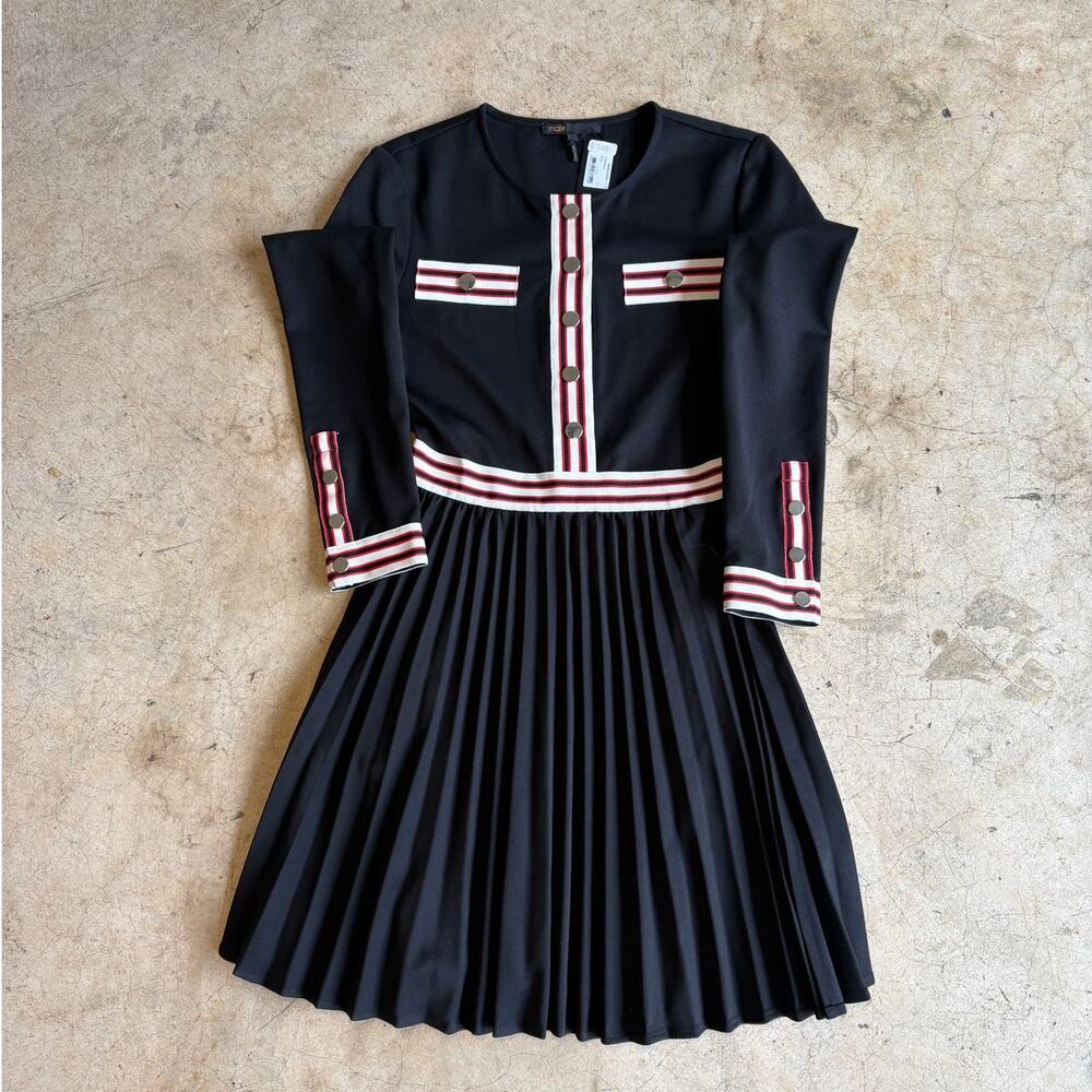 Maje Rouli Knit Mini Dress Black Striped Trim Pleated Long Sleeve Size Small NWT